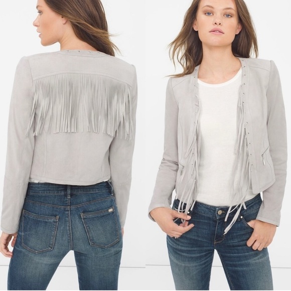 White House Black Market Suede Leather Fringe Jacket in Grey - Picture 1 of 8